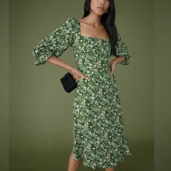 Reformation Green Floral Midi Enid Dress 4 - Picture 1 of 7
